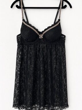 Y2K Black Lace Babydoll Slip Top Leopard Trim Coquette Mob Wife Grunge Chemise